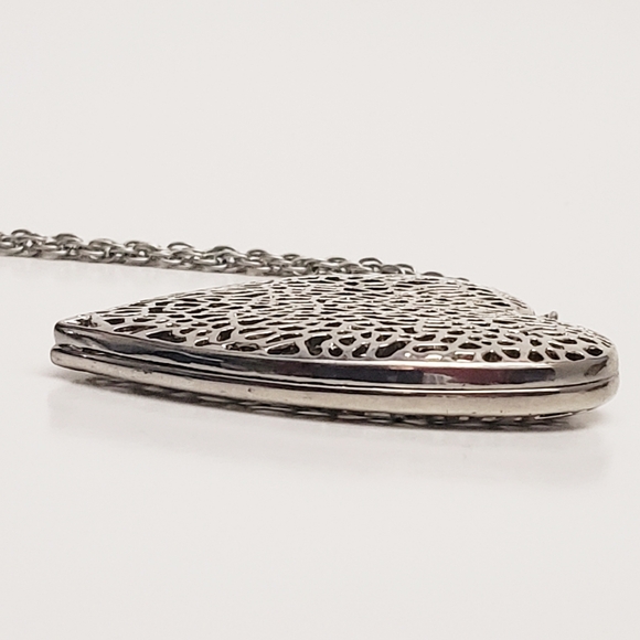 Beautiful Silver Puffy Laser Filligree Heart Long Rope Chain Necklace - Picture 5 of 9